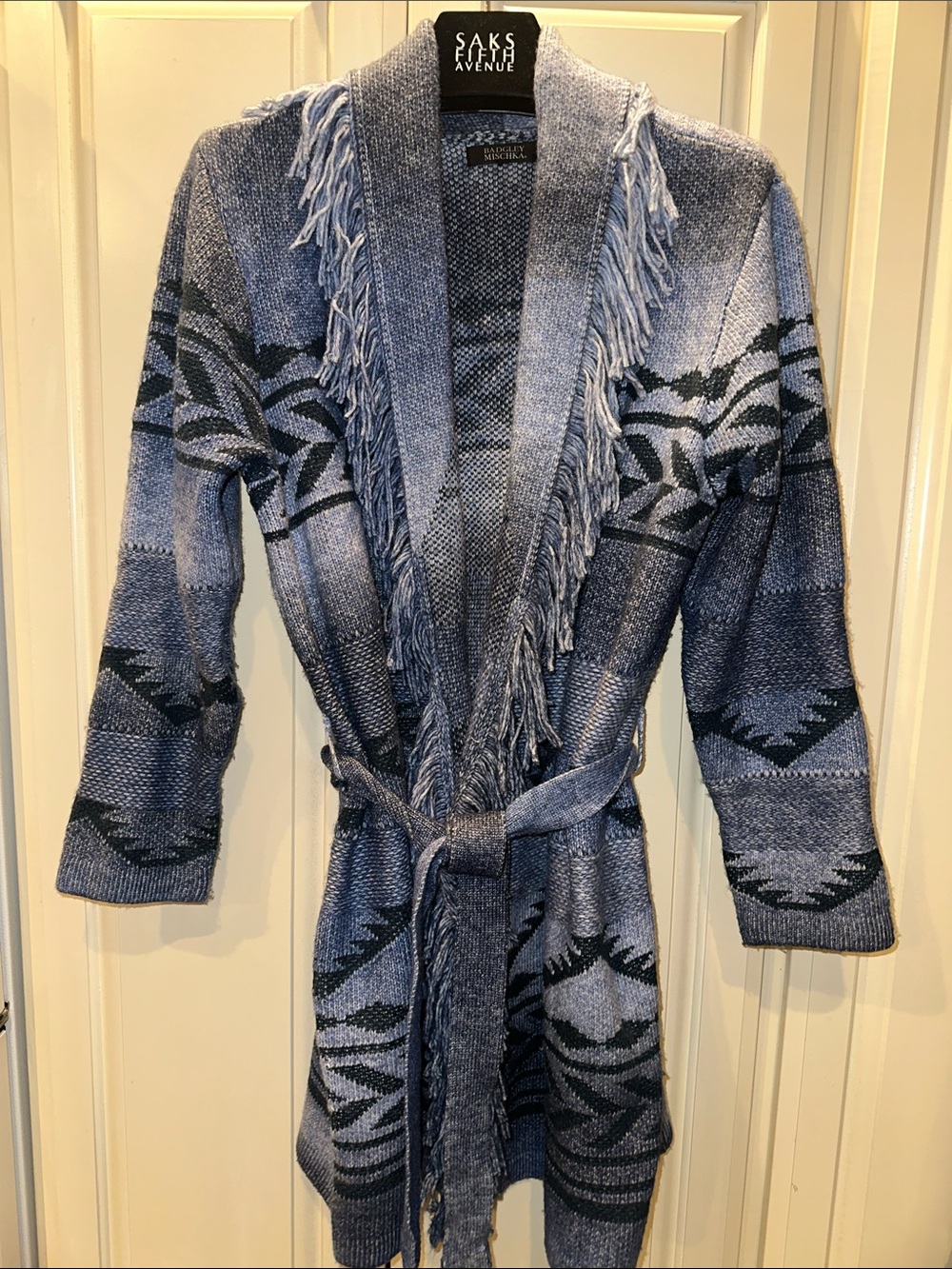 Badgley Mischka Blue Fringe Belted Shawl Cardigan